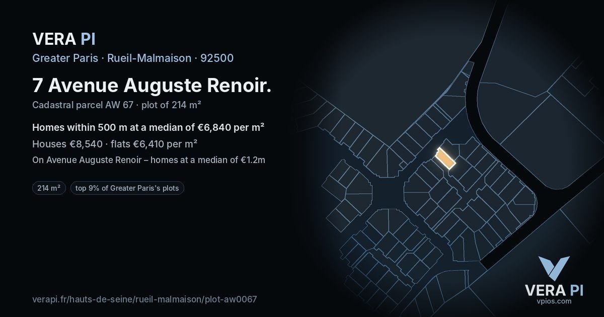 7 Avenue Auguste Renoir, Rueil-Malmaison at night – the plot lit, the parcels around coloured by the prices near them