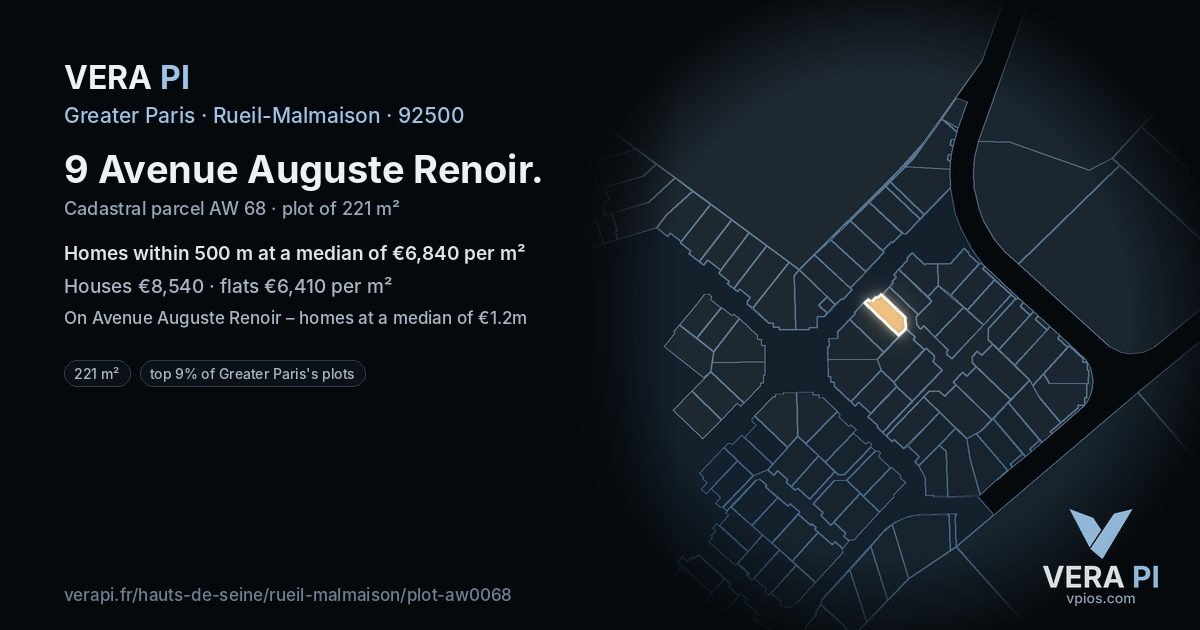 9 Avenue Auguste Renoir, Rueil-Malmaison at night – the plot lit, the parcels around coloured by the prices near them