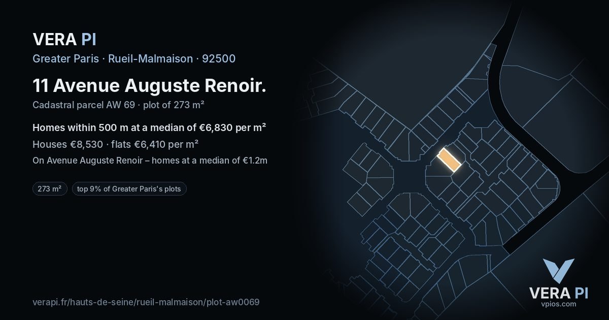 11 Avenue Auguste Renoir, Rueil-Malmaison at night – the plot lit, the parcels around coloured by the prices near them