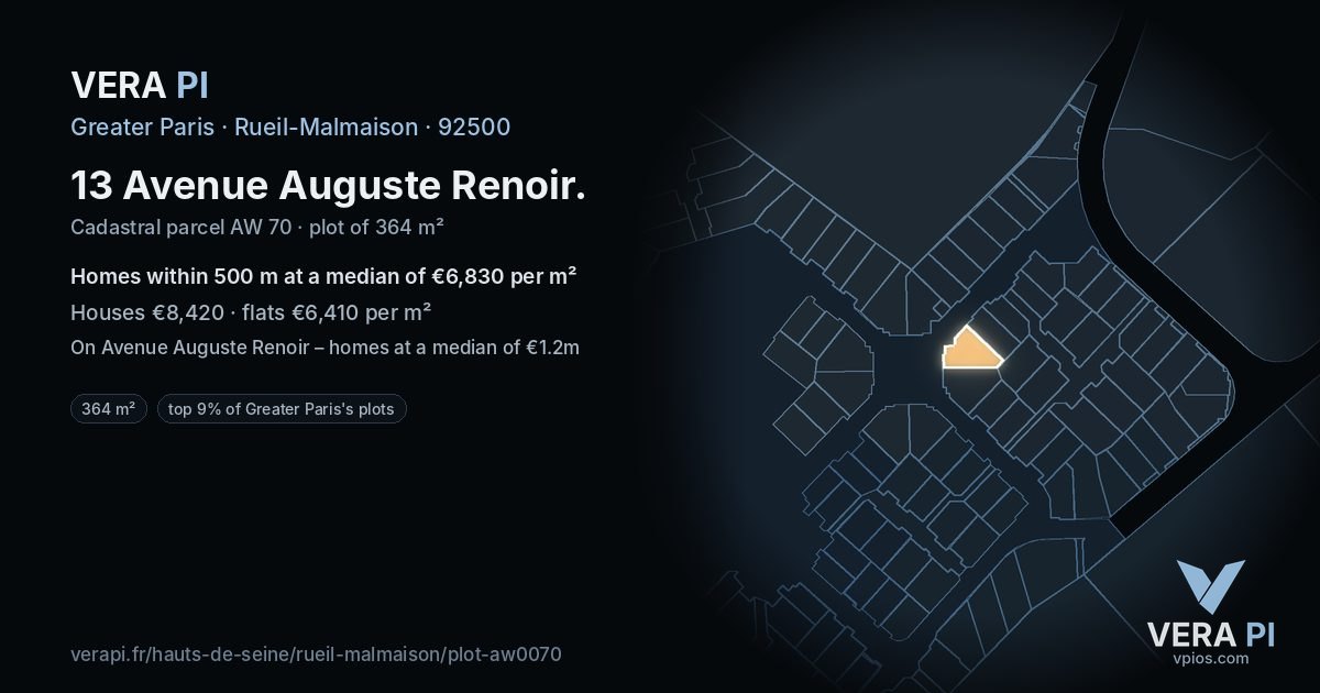 13 Avenue Auguste Renoir, Rueil-Malmaison at night – the plot lit, the parcels around coloured by the prices near them