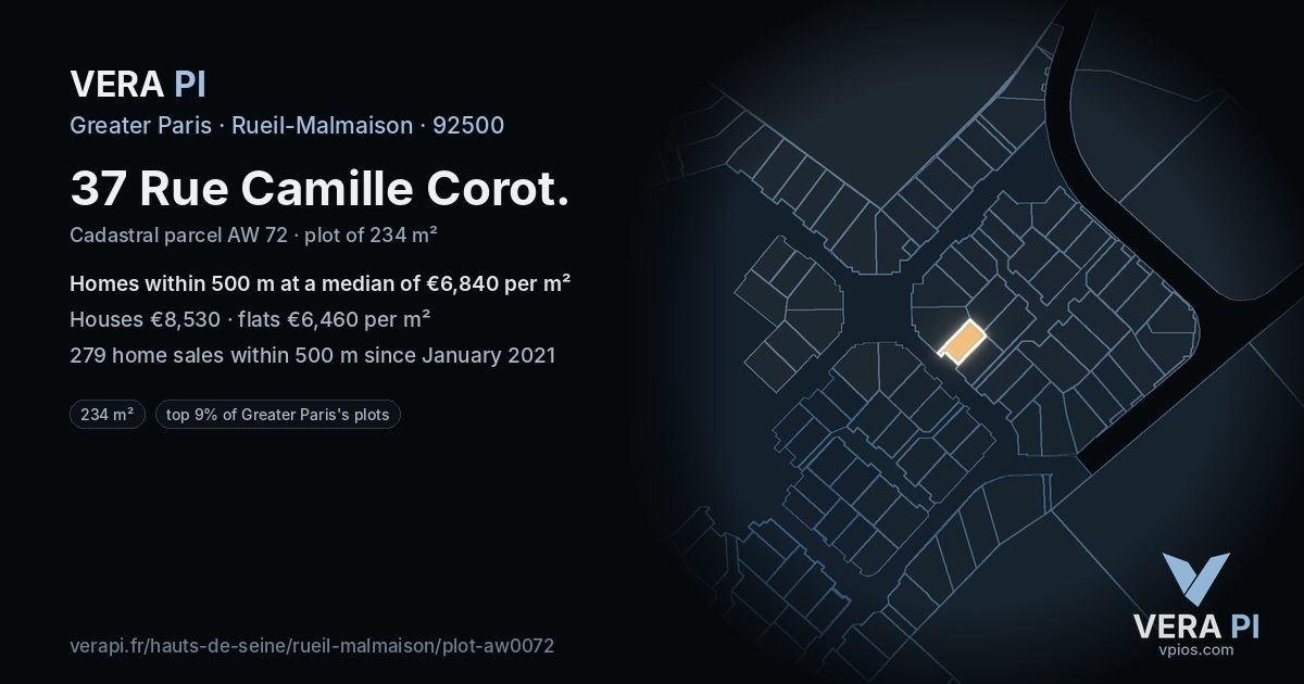 37 Rue Camille Corot, Rueil-Malmaison at night – the plot lit, the parcels around coloured by the prices near them