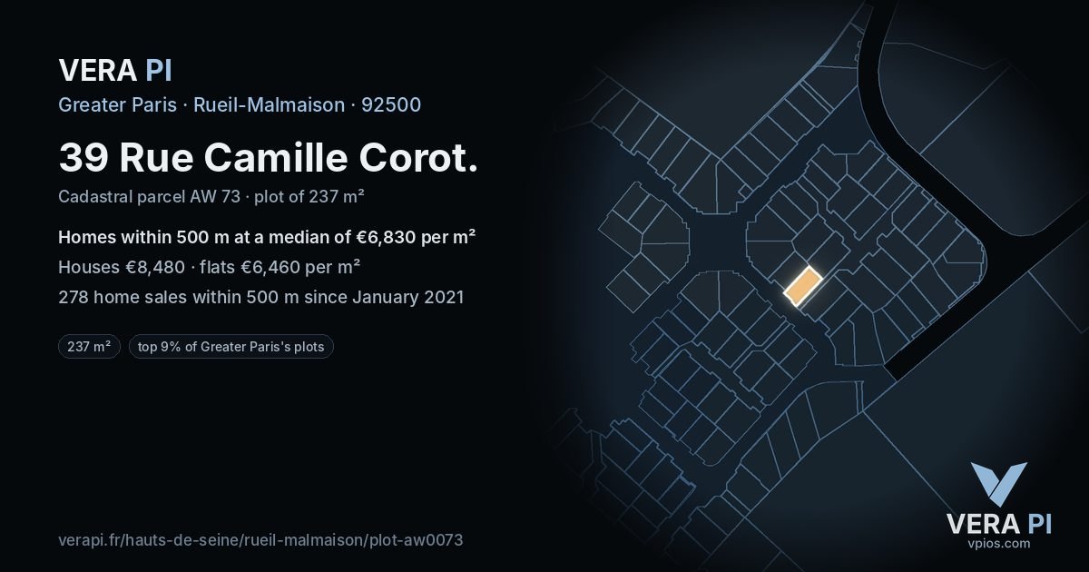 39 Rue Camille Corot, Rueil-Malmaison at night – the plot lit, the parcels around coloured by the prices near them