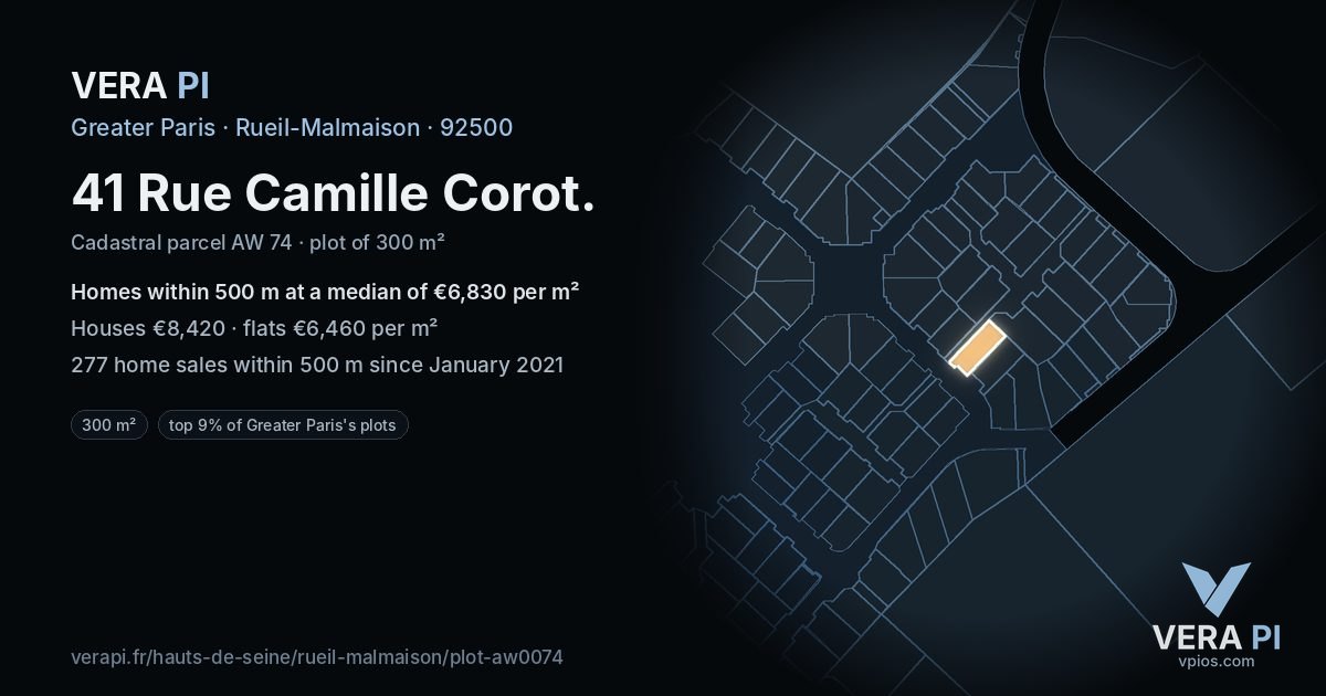 41 Rue Camille Corot, Rueil-Malmaison at night – the plot lit, the parcels around coloured by the prices near them
