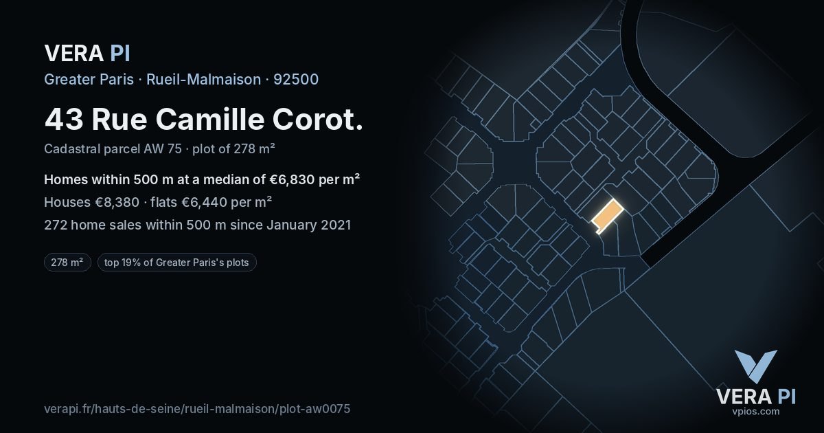 43 Rue Camille Corot, Rueil-Malmaison at night – the plot lit, the parcels around coloured by the prices near them
