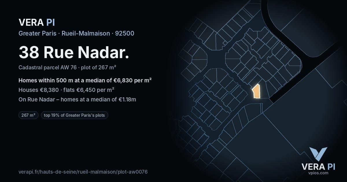 38 Rue Nadar, Rueil-Malmaison at night – the plot lit, the parcels around coloured by the prices near them