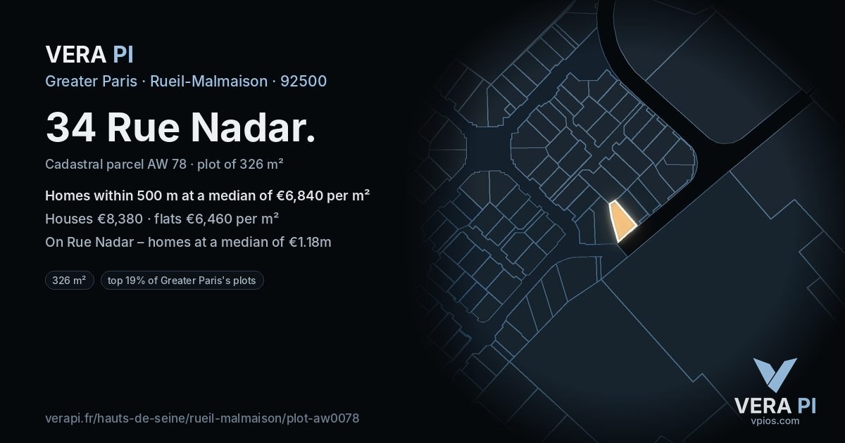 34 Rue Nadar, Rueil-Malmaison at night – the plot lit, the parcels around coloured by the prices near them