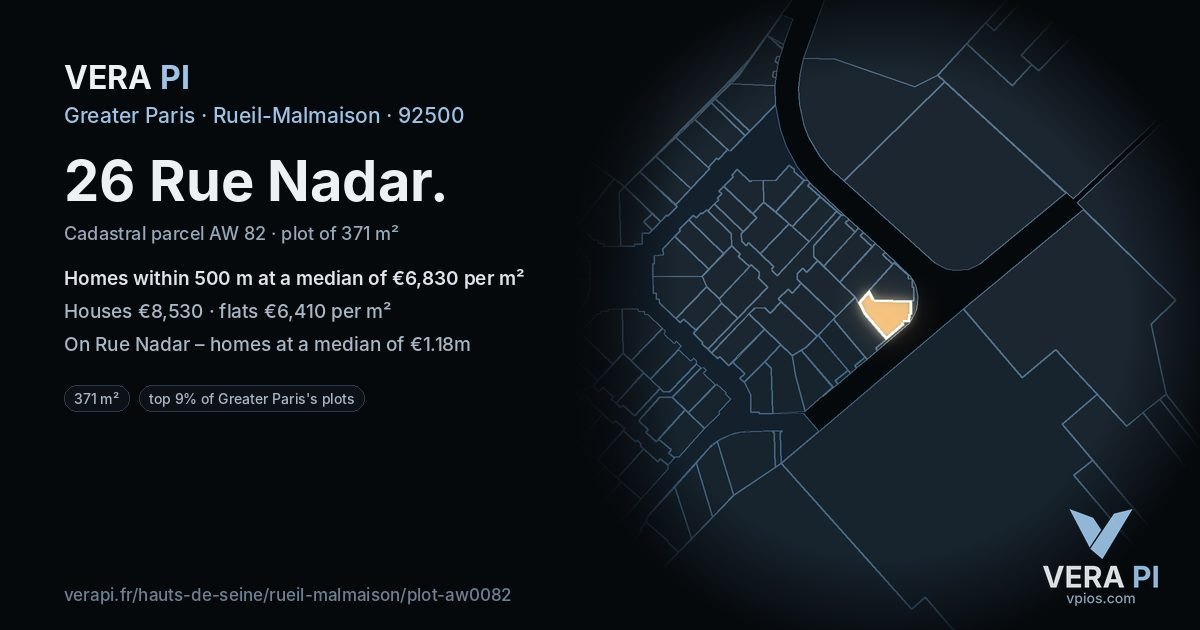 26 Rue Nadar, Rueil-Malmaison at night – the plot lit, the parcels around coloured by the prices near them