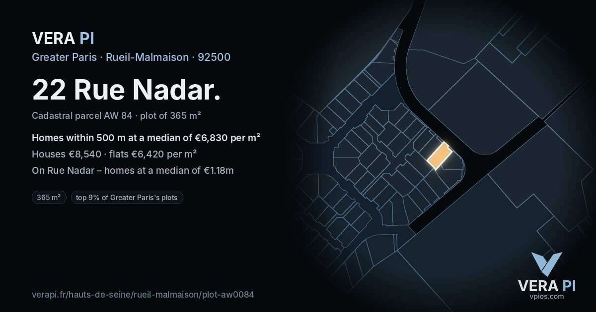 22 Rue Nadar, Rueil-Malmaison at night – the plot lit, the parcels around coloured by the prices near them