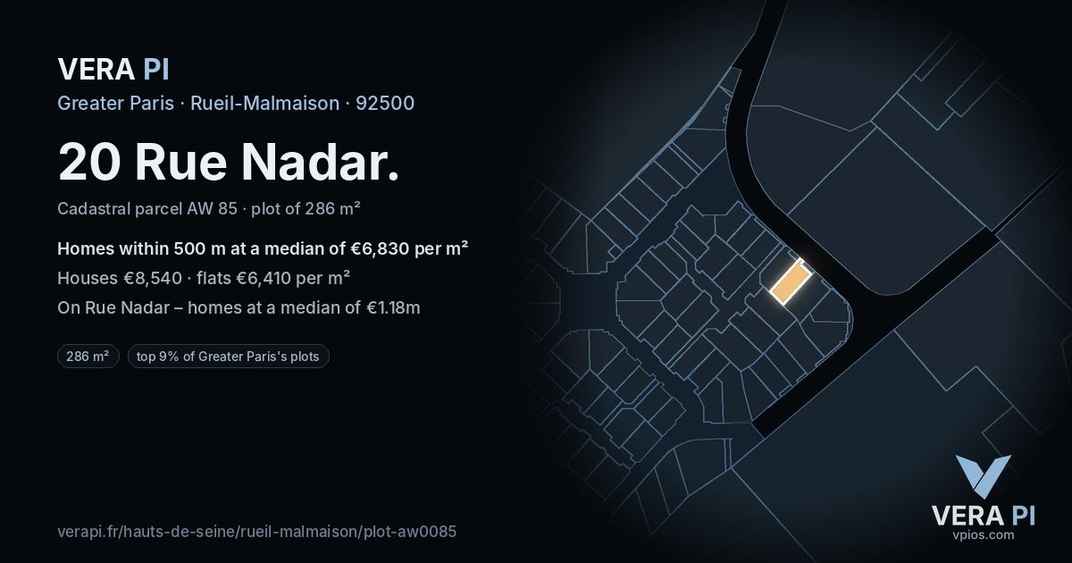 20 Rue Nadar, Rueil-Malmaison at night – the plot lit, the parcels around coloured by the prices near them