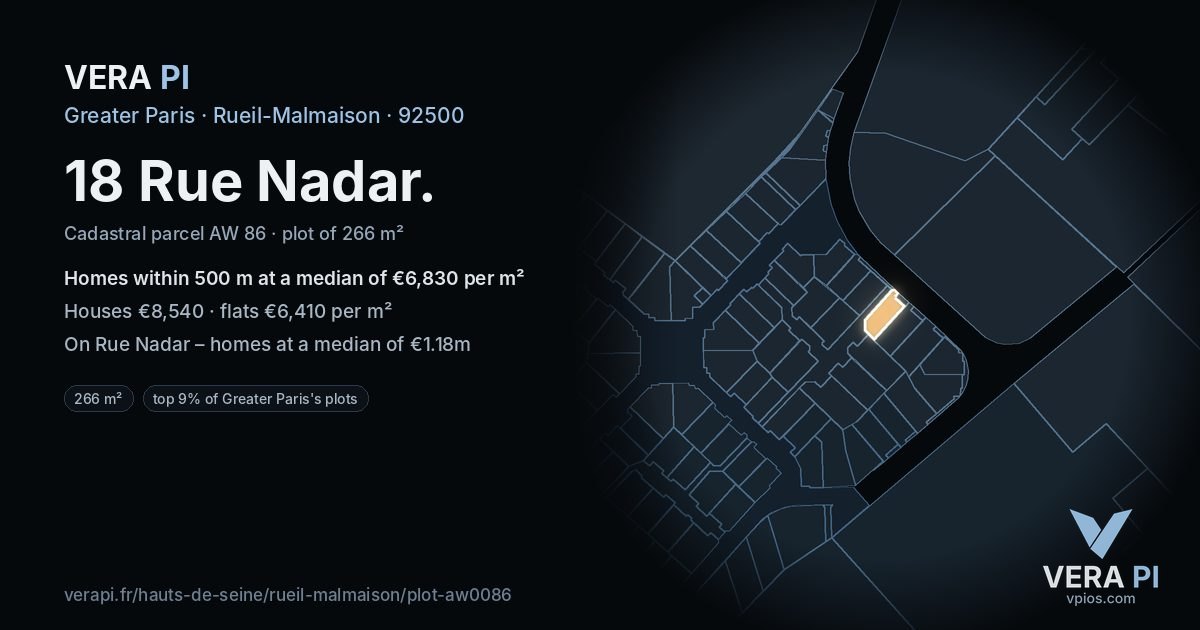 18 Rue Nadar, Rueil-Malmaison at night – the plot lit, the parcels around coloured by the prices near them