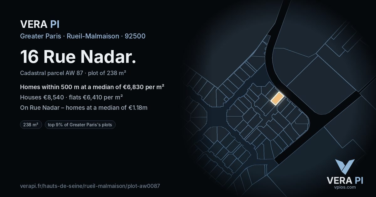 16 Rue Nadar, Rueil-Malmaison at night – the plot lit, the parcels around coloured by the prices near them
