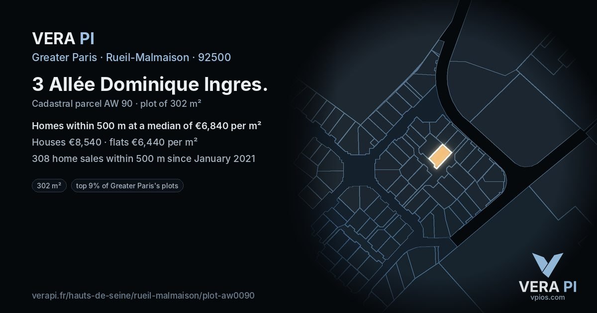 3 Allée Dominique Ingres, Rueil-Malmaison at night – the plot lit, the parcels around coloured by the prices near them