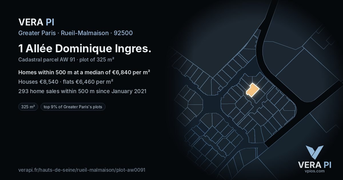 1 Allée Dominique Ingres, Rueil-Malmaison at night – the plot lit, the parcels around coloured by the prices near them