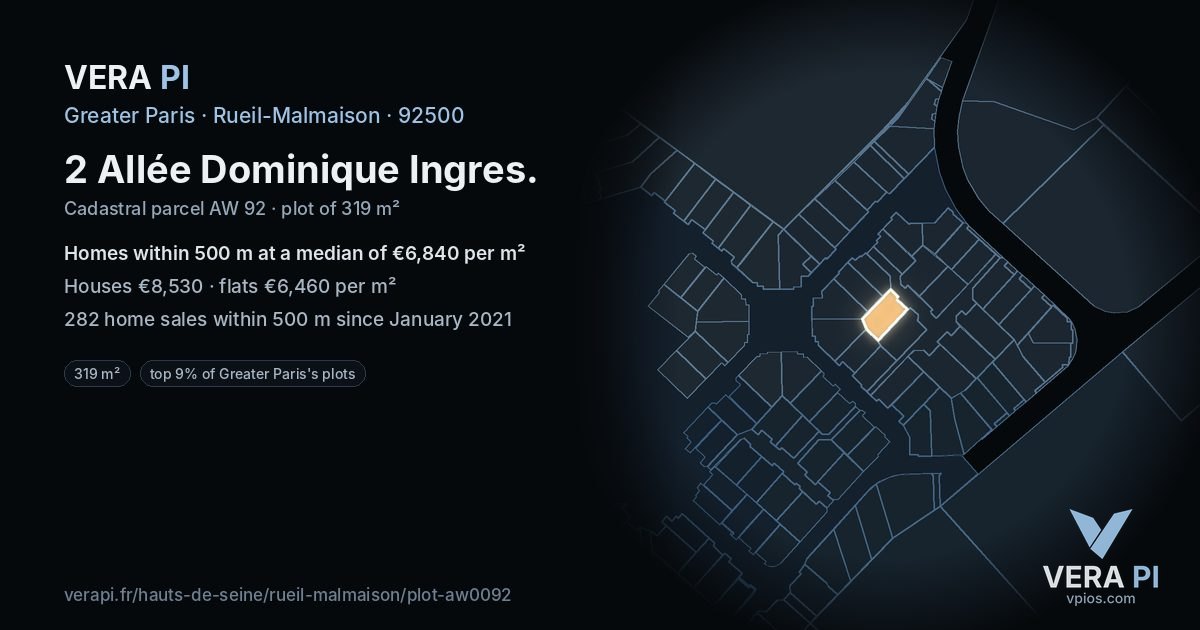 2 Allée Dominique Ingres, Rueil-Malmaison at night – the plot lit, the parcels around coloured by the prices near them