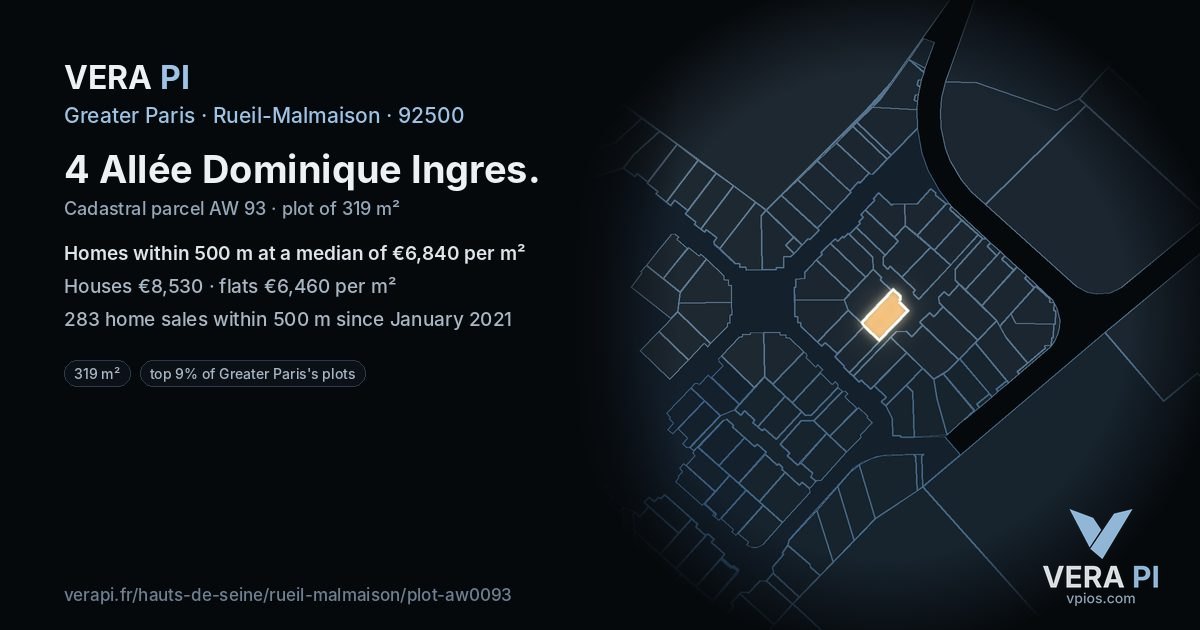 4 Allée Dominique Ingres, Rueil-Malmaison at night – the plot lit, the parcels around coloured by the prices near them