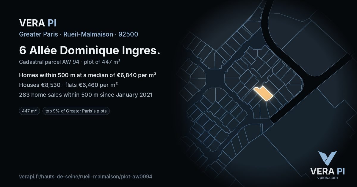 6 Allée Dominique Ingres, Rueil-Malmaison at night – the plot lit, the parcels around coloured by the prices near them