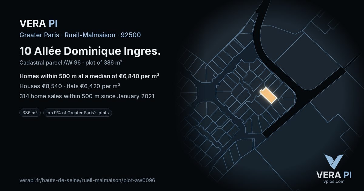 10 Allée Dominique Ingres, Rueil-Malmaison at night – the plot lit, the parcels around coloured by the prices near them