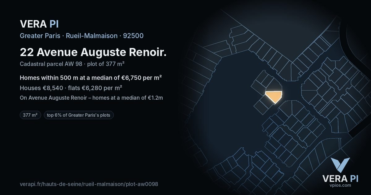 22 Avenue Auguste Renoir, Rueil-Malmaison at night – the plot lit, the parcels around coloured by the prices near them