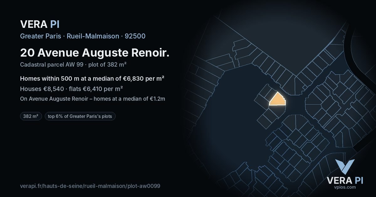 20 Avenue Auguste Renoir, Rueil-Malmaison at night – the plot lit, the parcels around coloured by the prices near them