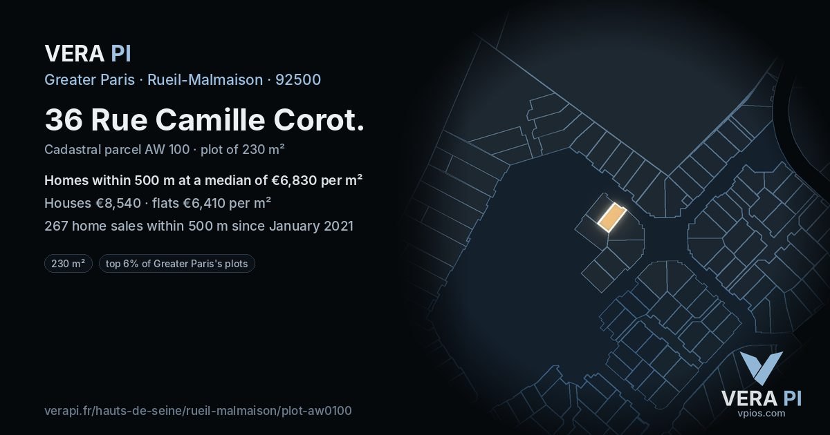 36 Rue Camille Corot, Rueil-Malmaison at night – the plot lit, the parcels around coloured by the prices near them