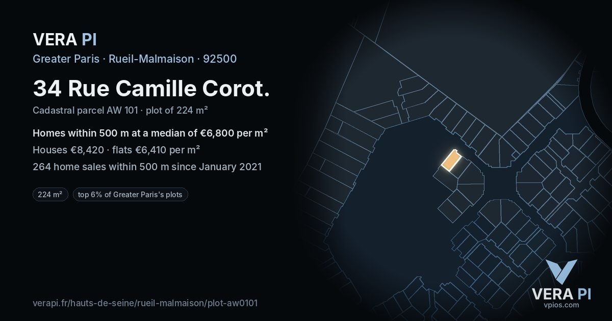 34 Rue Camille Corot, Rueil-Malmaison at night – the plot lit, the parcels around coloured by the prices near them