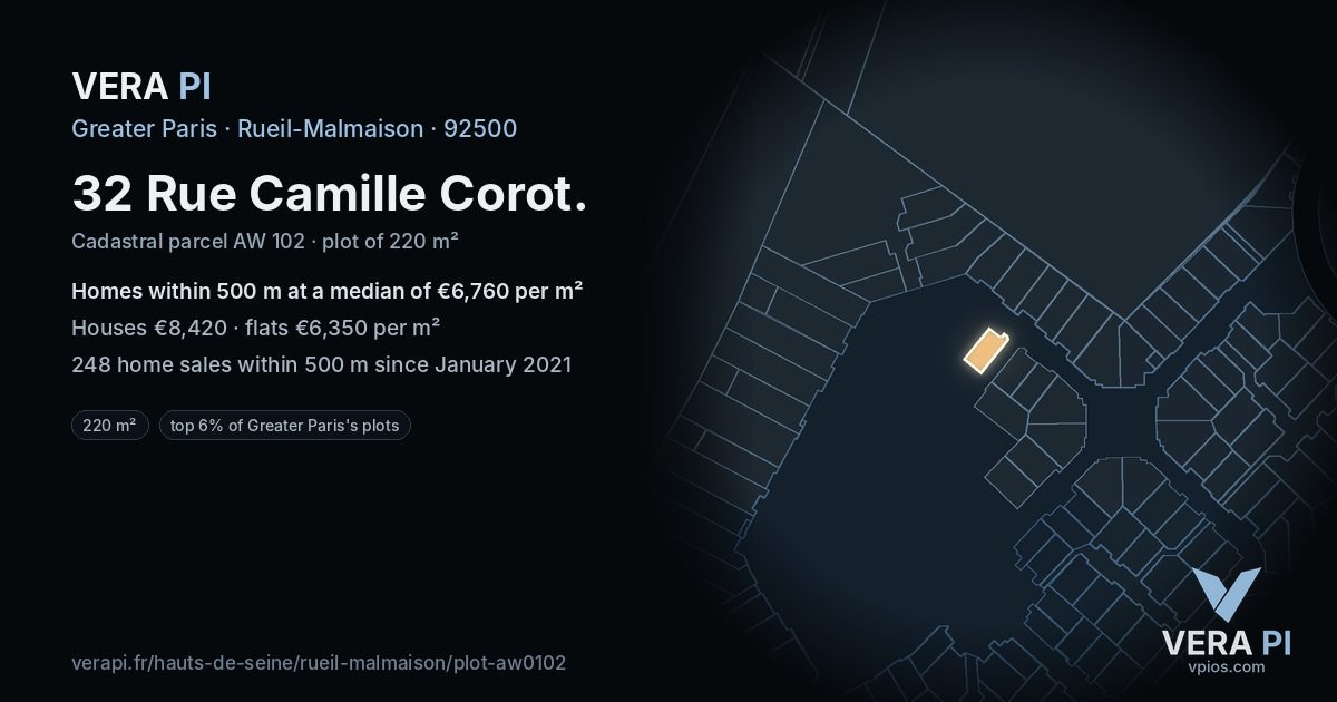 32 Rue Camille Corot, Rueil-Malmaison at night – the plot lit, the parcels around coloured by the prices near them