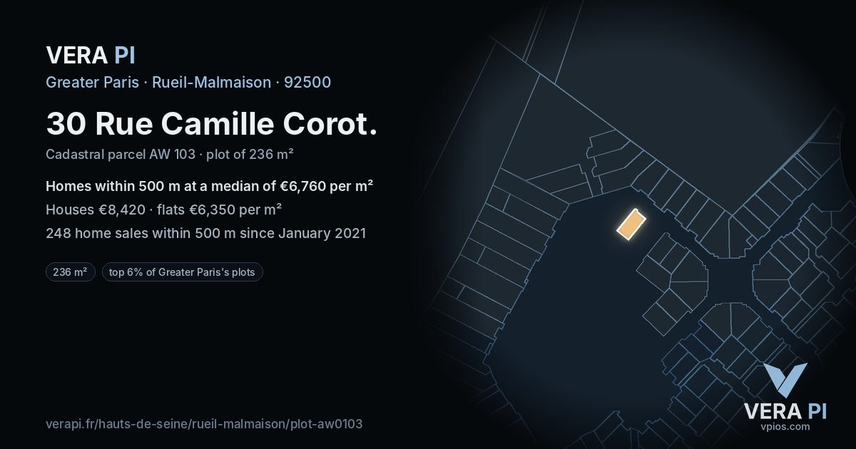 30 Rue Camille Corot, Rueil-Malmaison at night – the plot lit, the parcels around coloured by the prices near them