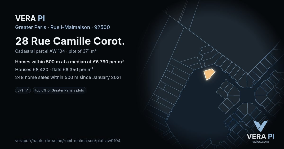28 Rue Camille Corot, Rueil-Malmaison at night – the plot lit, the parcels around coloured by the prices near them
