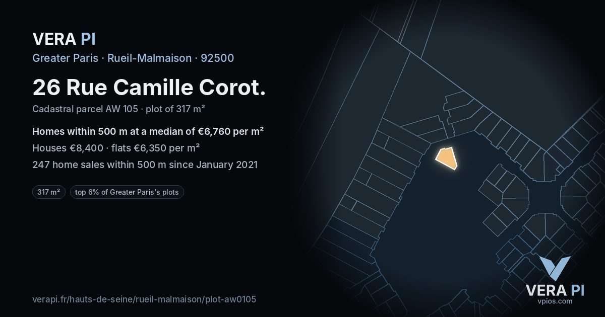 26 Rue Camille Corot, Rueil-Malmaison at night – the plot lit, the parcels around coloured by the prices near them