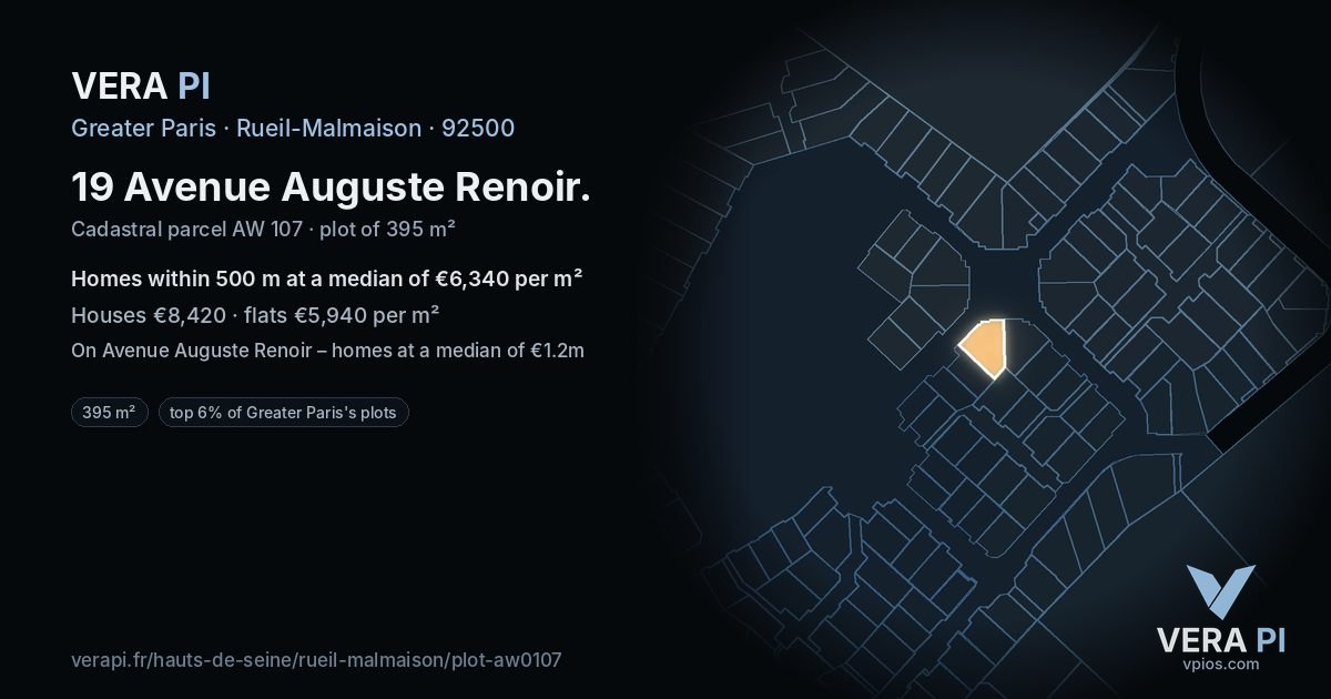 19 Avenue Auguste Renoir, Rueil-Malmaison at night – the plot lit, the parcels around coloured by the prices near them