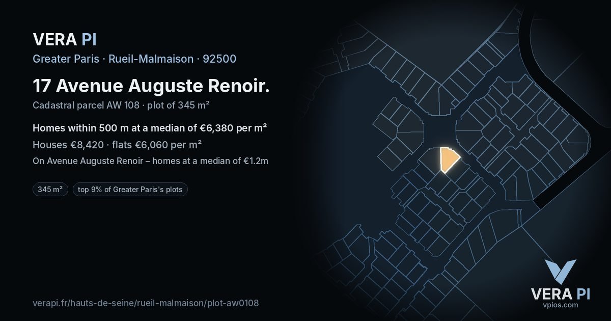 17 Avenue Auguste Renoir, Rueil-Malmaison at night – the plot lit, the parcels around coloured by the prices near them