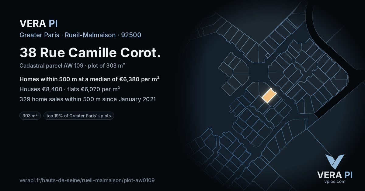 38 Rue Camille Corot, Rueil-Malmaison at night – the plot lit, the parcels around coloured by the prices near them