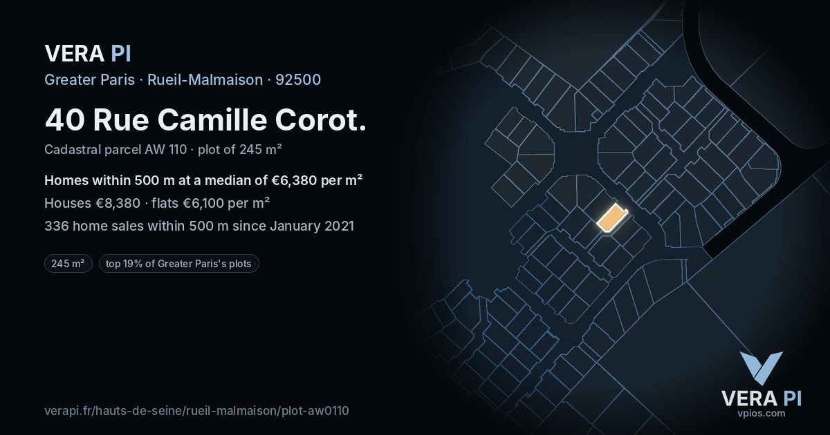 40 Rue Camille Corot, Rueil-Malmaison at night – the plot lit, the parcels around coloured by the prices near them