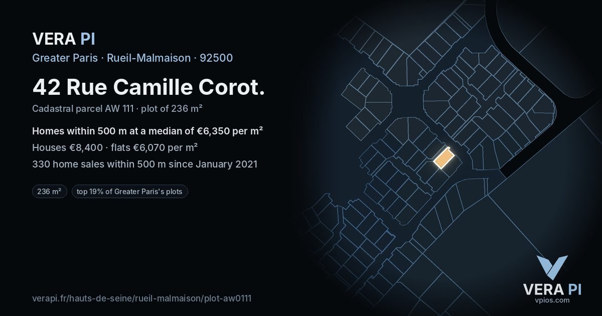 42 Rue Camille Corot, Rueil-Malmaison at night – the plot lit, the parcels around coloured by the prices near them