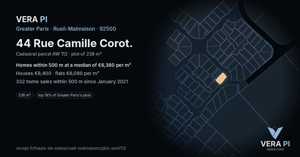 44 Rue Camille Corot, Rueil-Malmaison at night – the plot lit, the parcels around coloured by the prices near them