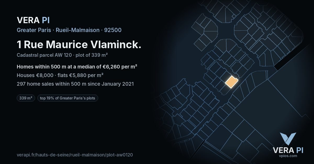 1 Rue Maurice Vlaminck, Rueil-Malmaison at night – the plot lit, the parcels around coloured by the prices near them