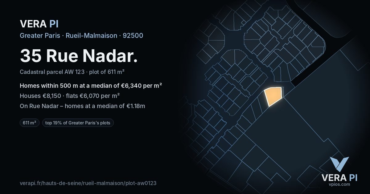 35 Rue Nadar, Rueil-Malmaison at night – the plot lit, the parcels around coloured by the prices near them