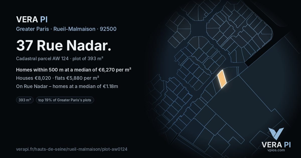 37 Rue Nadar, Rueil-Malmaison at night – the plot lit, the parcels around coloured by the prices near them