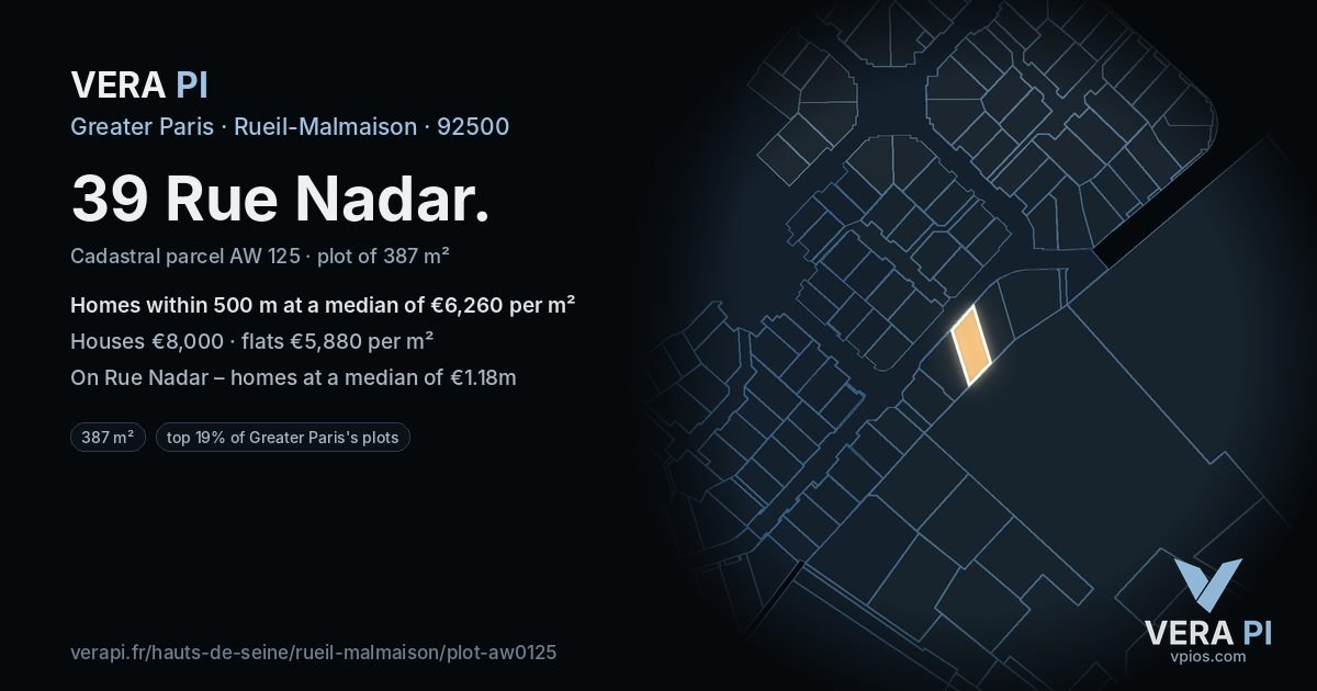 39 Rue Nadar, Rueil-Malmaison at night – the plot lit, the parcels around coloured by the prices near them