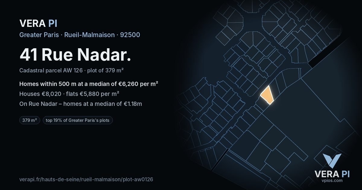 41 Rue Nadar, Rueil-Malmaison at night – the plot lit, the parcels around coloured by the prices near them