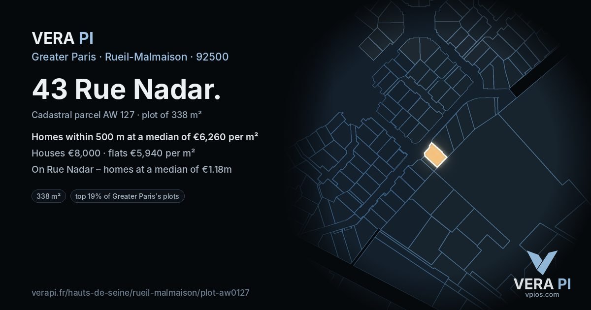 43 Rue Nadar, Rueil-Malmaison at night – the plot lit, the parcels around coloured by the prices near them