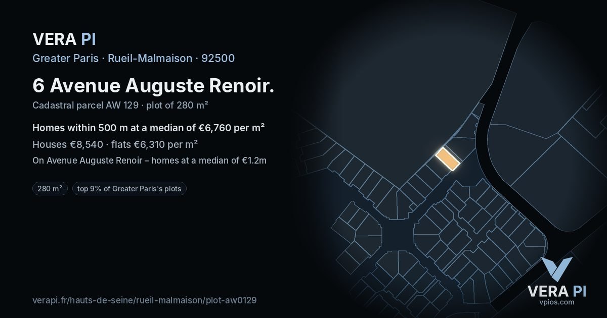 6 Avenue Auguste Renoir, Rueil-Malmaison at night – the plot lit, the parcels around coloured by the prices near them