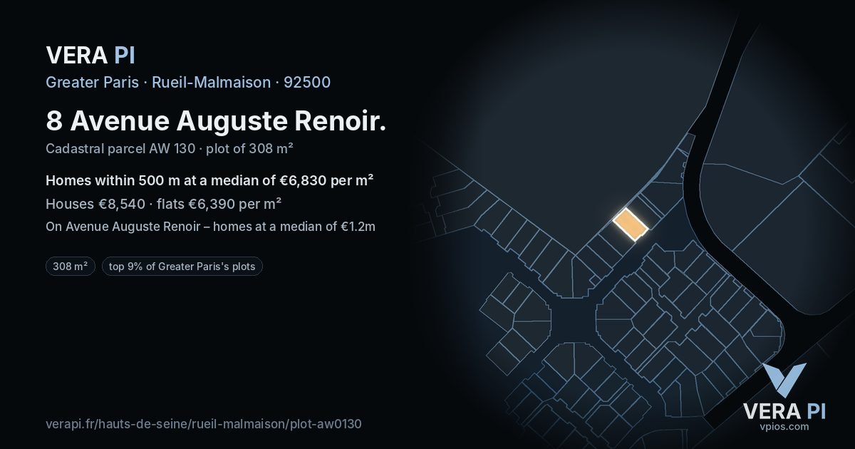 8 Avenue Auguste Renoir, Rueil-Malmaison at night – the plot lit, the parcels around coloured by the prices near them