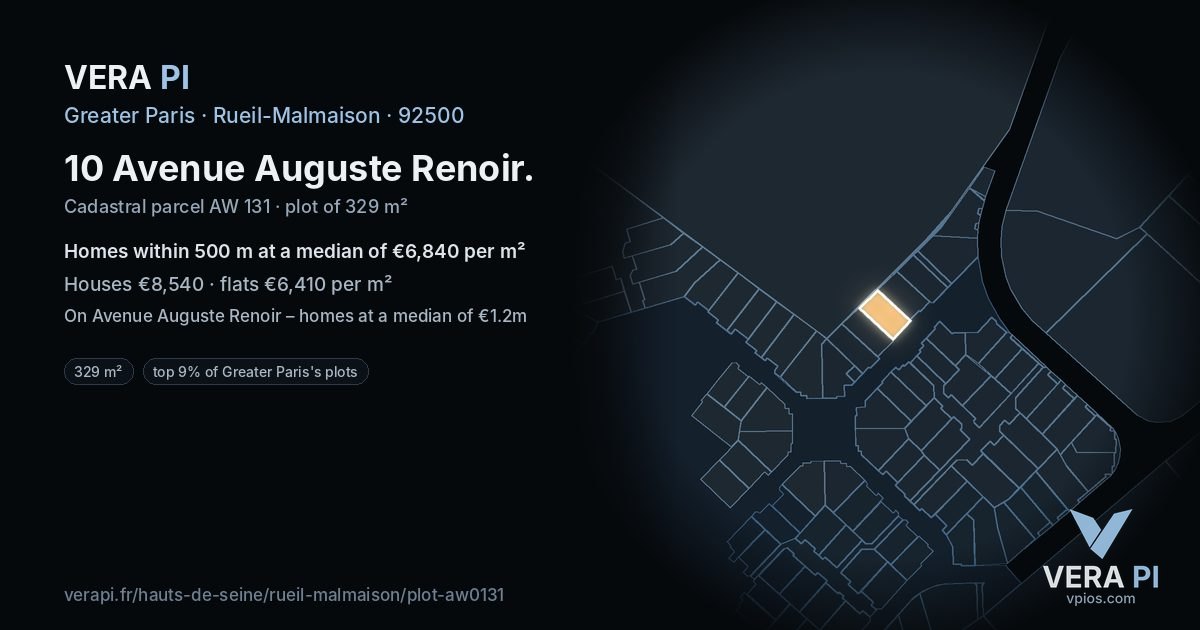 10 Avenue Auguste Renoir, Rueil-Malmaison at night – the plot lit, the parcels around coloured by the prices near them