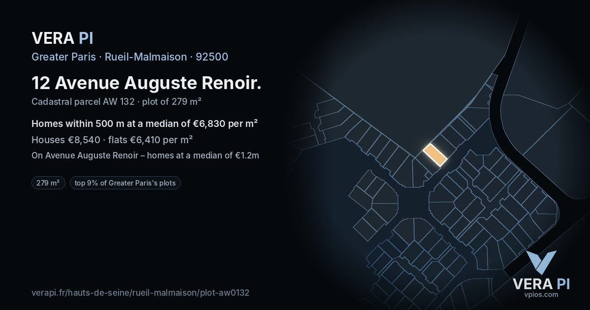 12 Avenue Auguste Renoir, Rueil-Malmaison at night – the plot lit, the parcels around coloured by the prices near them
