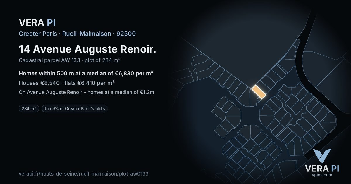 14 Avenue Auguste Renoir, Rueil-Malmaison at night – the plot lit, the parcels around coloured by the prices near them