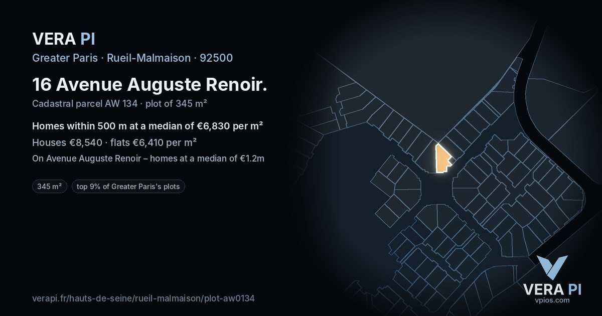 16 Avenue Auguste Renoir, Rueil-Malmaison at night – the plot lit, the parcels around coloured by the prices near them