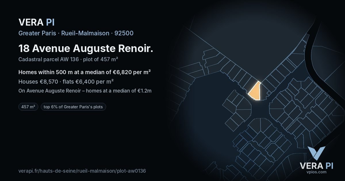18 Avenue Auguste Renoir, Rueil-Malmaison at night – the plot lit, the parcels around coloured by the prices near them