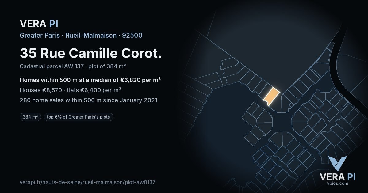 35 Rue Camille Corot, Rueil-Malmaison at night – the plot lit, the parcels around coloured by the prices near them