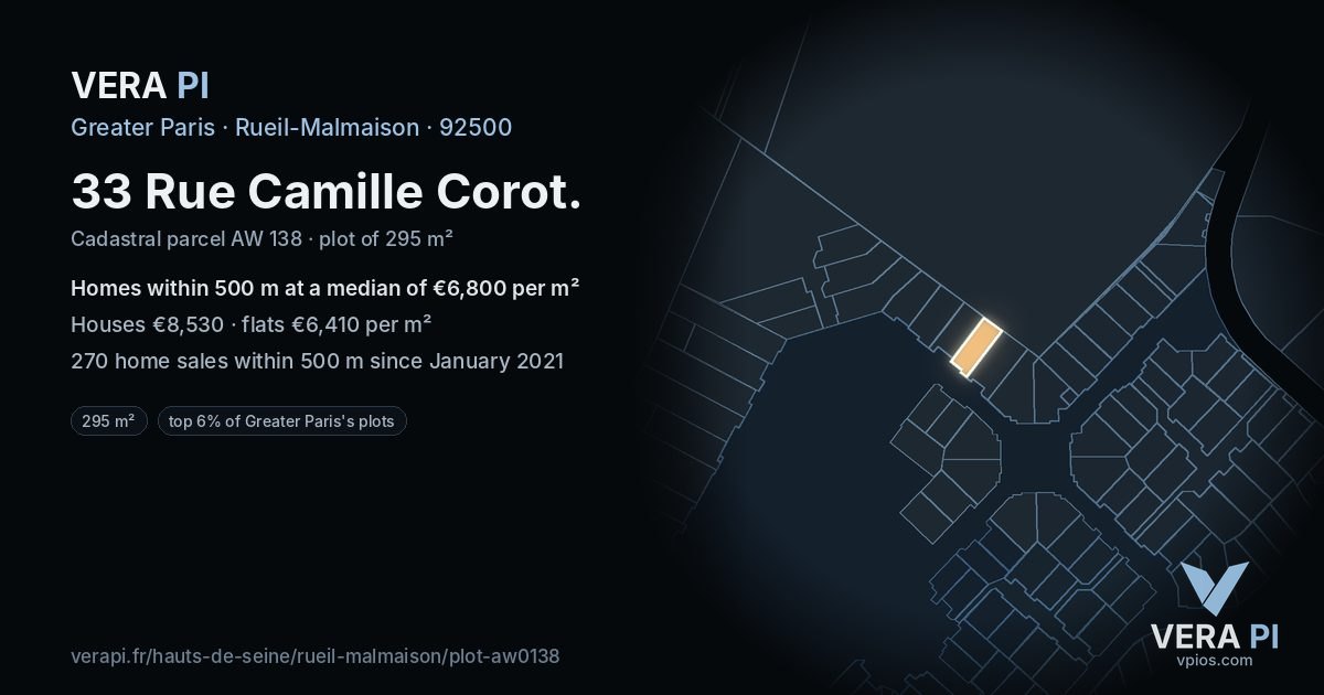 33 Rue Camille Corot, Rueil-Malmaison at night – the plot lit, the parcels around coloured by the prices near them
